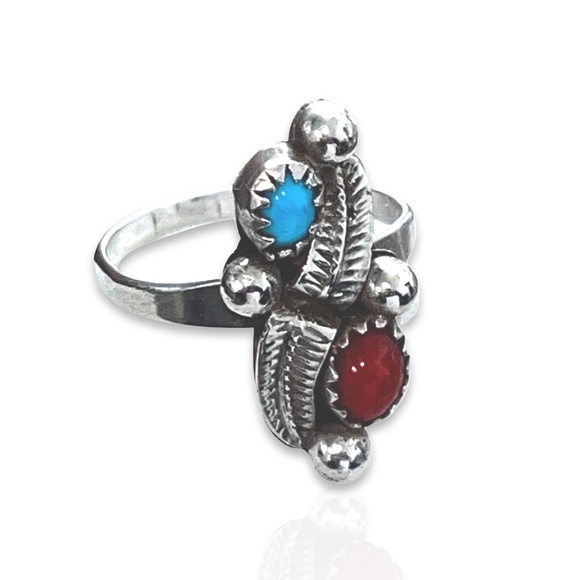 SIGNED STERLING TURQUOISE  RED CORAL RING - SZ  6 1/4 - Picture 1 of 9